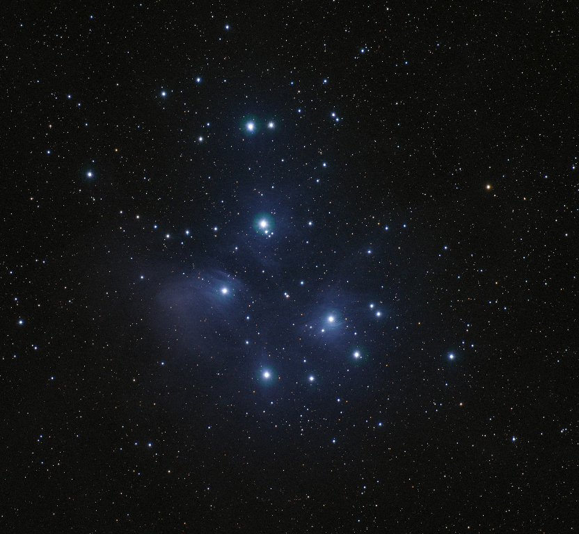 M45, known as Pleiades or Seven Sisters, is an open star cluster located in the constellation of Taurus. Taken 2014-01-26 with T14, a Takahashi FSQ Fluorite very wide field telescope located at the New Mexico Skies Observatories in Mayhill, New Mexico.