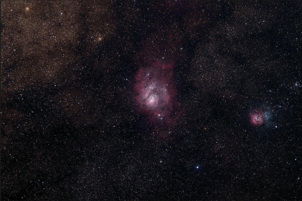 M8, or the Lagoon Nebula, is a giant emission nebula in the constellation Sagittarius. Also pictured to the right is the Trifid Nebula (M20), and unusual combination of an emission nebula (red portion), a reflection nebula (blue portion) and a dark nebula.  Taken 2014-03-12 with T12, a Takahashi FSQ ED, mounted with a SBIG STL-11000M CCD using RGB filters.  This telescope is located at the Siding Spring Observatory - Australia.