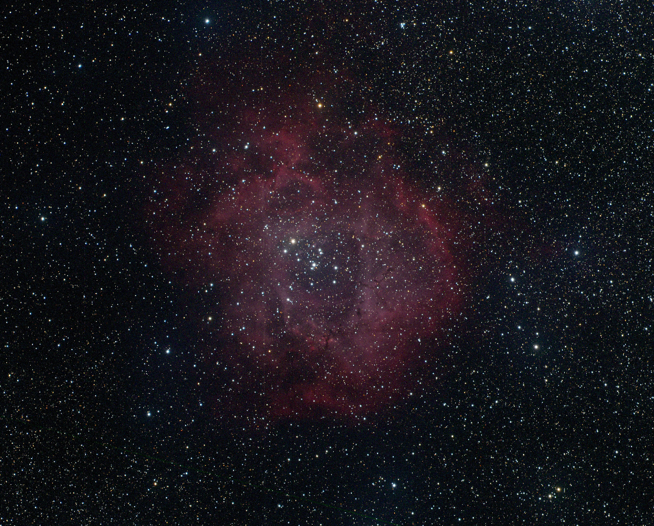 The Rosette Nebula is an open cluster  located in the constellation Monoceros.   Taken 2014-03-18 with T14, a Takahashi FSQ Fluorite very wide field telescope located at the New Mexico Skies Observatories in Mayhill, New Mexico.